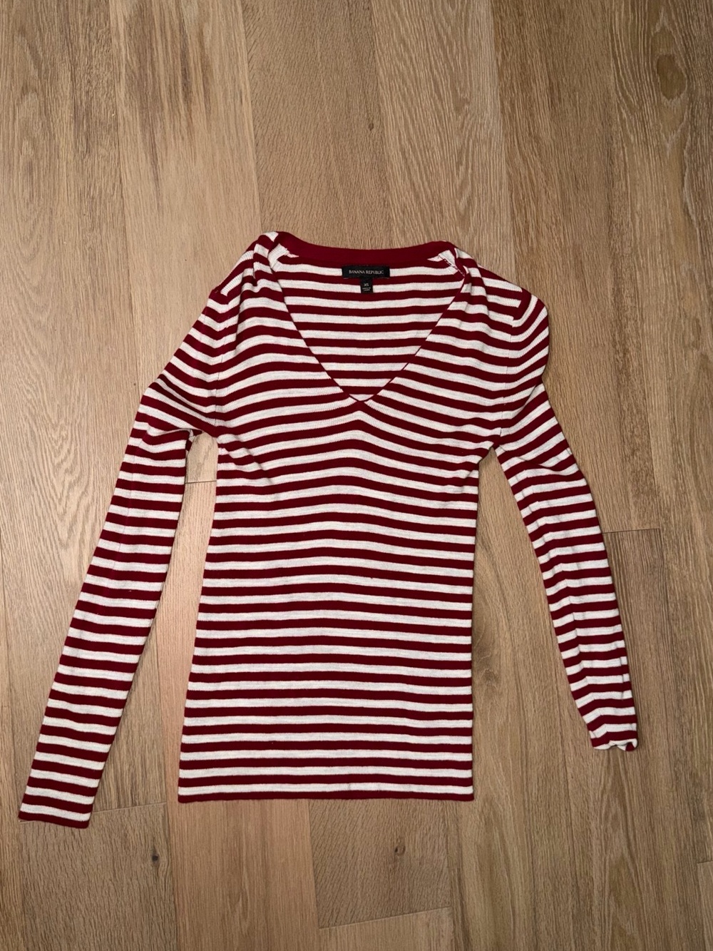 Banana Republic Red & White Striped V-Neck Long Sleeve Top